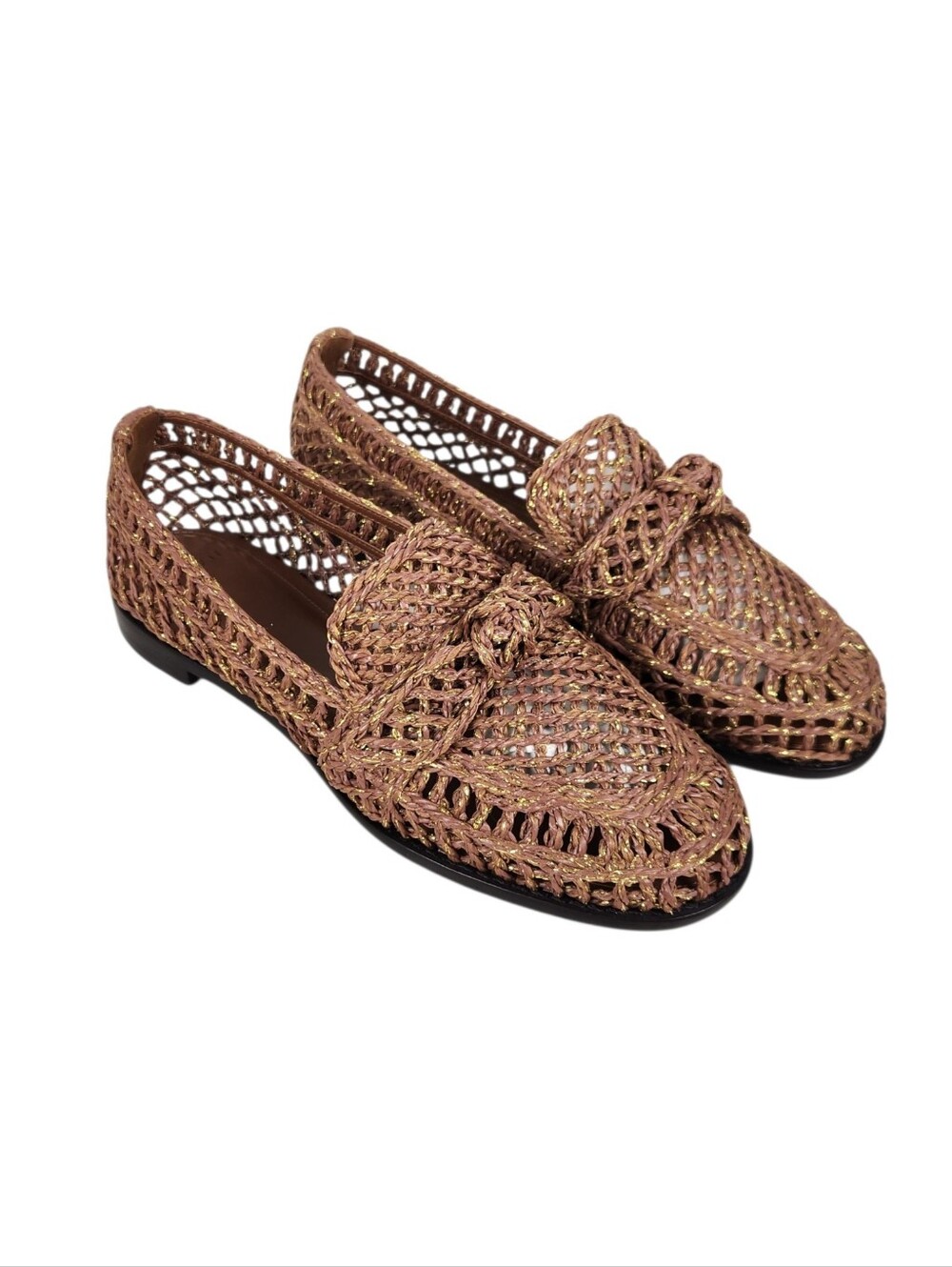Alexandre Birman Woven Raffia Penny Loafers Brown Tie Bow Womens Size 9 39